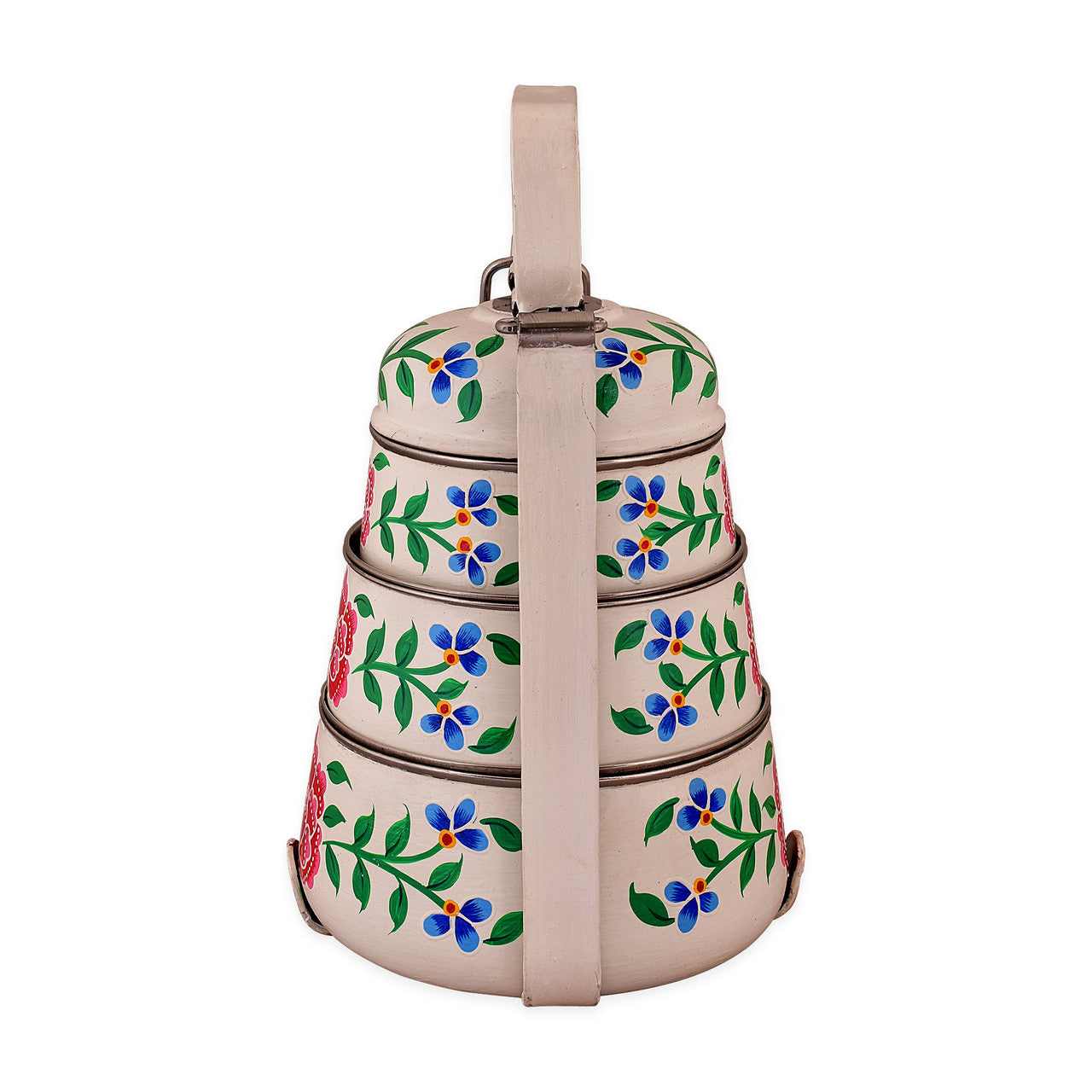 Hand-Painted 3-Tier Stainless Steel Lunch Box – floral off white Design Eco-Friendly & Artistic Food Carrier